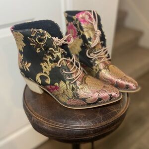 Vibrant Floral Embroidered Ankle Boots - Black and Gold